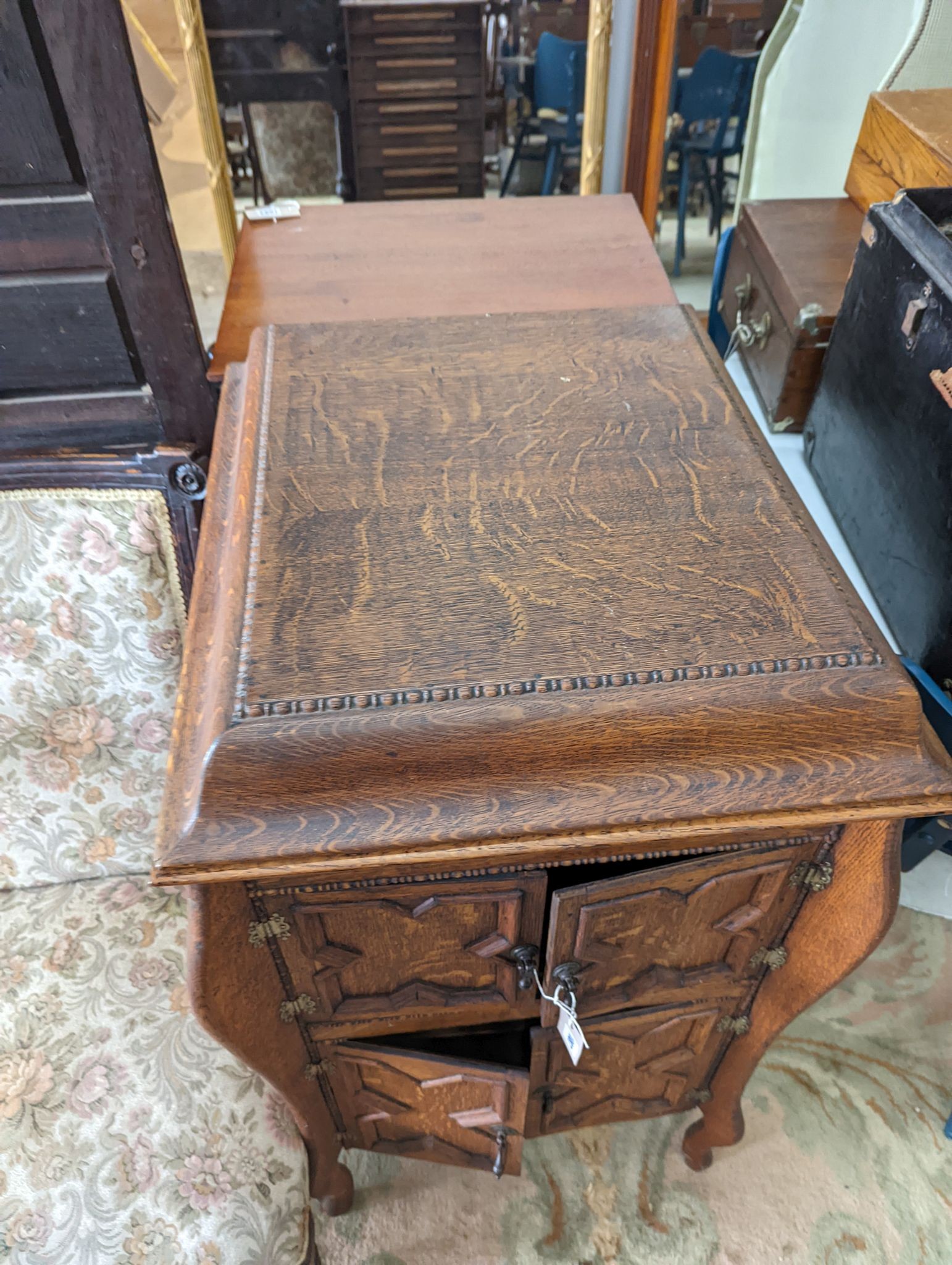 An early 20th century oak gramophone case (no record player), width 55cm, depth 60cm, height 102cm